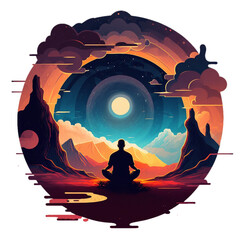 Illustration of a man meditating in the dessert mountains, praying to his spiritual guides under a full moon - Transparent background, AI Generated Art Work