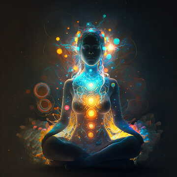 Woman meditating with a glowing aura surounding her. Chakras glowing in body - AI Generated Illustation Concept