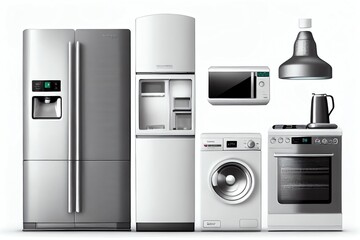 Home Appliances. Household Kitchen Technics Isolated On White Background. Fridge, Dishwasher, Gas Cooker, Microwave Oven, Washing Machine Vacuum Cleaner Air Conditioneer And Iron. Generative AI