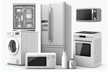 Home Appliances. Household Kitchen Technics Isolated On White Background. Fridge, Dishwasher, Gas Cooker, Microwave Oven, Washing Machine Vacuum Cleaner Air Conditioneer And Iron. Generative AI