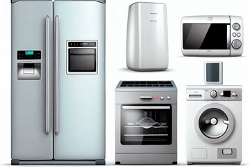 Home Appliances. Household Kitchen Technics Isolated On White Background. Fridge, Dishwasher, Gas Cooker, Microwave Oven, Washing Machine Vacuum Cleaner Air Conditioneer And Iron. Generative AI