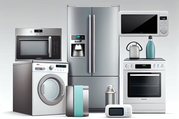 Home Appliances. Household Kitchen Technics Isolated On White Background. Fridge, Dishwasher, Gas Cooker, Microwave Oven, Washing Machine Vacuum Cleaner Air Conditioneer And Iron. Generative AI