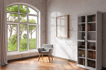 cozy living room interior with single chair in a room corner; sunlight shining trough window; canvas with copy space; home decoration concept; 3D Illustration