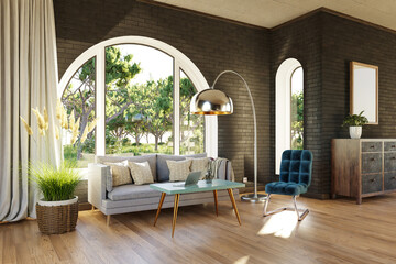 luxurious landhouse countryhouse apartment with arched window and landscape view; noble interior living room design mock up; 3D Illustration