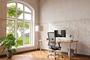 comfortable workplace with pc on wooden desk in office at home; bright sunlight from side large window and wall; canvas copy space;  remote work freelance; 3D Illustration
