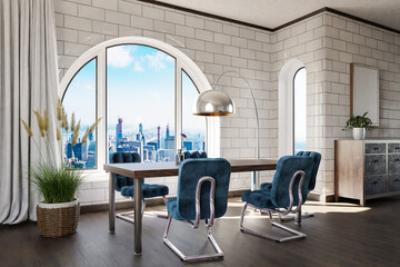 luxurious loft apartment with arched window and panoramic view over urban downtown; noble dining room interior design mock up; 3D Illustration