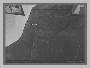 Laayoune-Sakia El Hamra, Western Sahara. Grayscale. Labelled points of cities