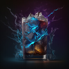 Cocktail cosmopolitan in glass of ice and alcohol with a blue lightning bolt on the bottom.
