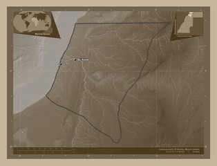 Laayoune-Sakia El Hamra, Western Sahara. Sepia. Labelled points of cities