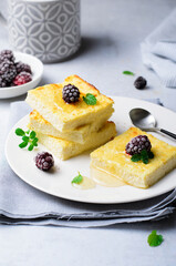 Cottage Cheese Casserole, Homemade Dessert on Bright Background