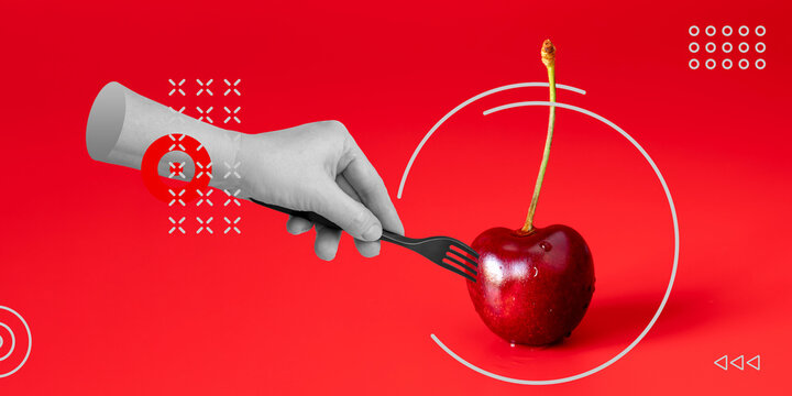 Naklejki Vegetarianism, raw food, diet concept. Red cherries on a fork in an abstract hand on a red background. Minimalist modern art collage.