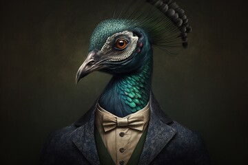 Portrait of a peacock dressed in a formal business suit, generative ai
