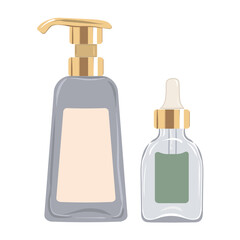 Cosmetic lotion with dispenser and serum with dropper in transparent glass bottle. Vector illustration