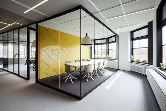 Large bright office space with glass partitions and panoramic windows.