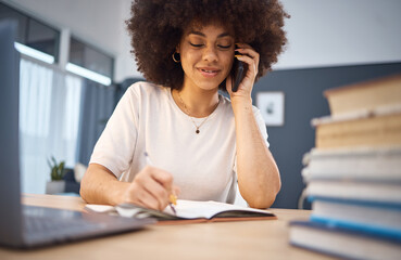 Phone call, writing and notebook with black woman in home office for planning, schedule and agenda. Networking, communication and management with girl and laptop for technology, help or contact