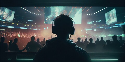 Man in E-sports arena watching esports. Huge E-sports arena, filled with cheering fans and colorful LED lights. A man from the back looks at the screen where esports is broadcast. Generative AI