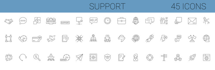 set of help and support related vector line icons. Phone Assistant, Online Help, business people