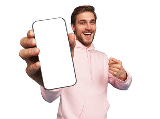 Mobile App Advertisement. Handsome Excited Man Showing Pointing At Empty Smartphone Screen Posing Over transparent background - Powered by Adobe