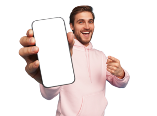 Mobile App Advertisement. Handsome Excited Man Showing Pointing At Empty Smartphone Screen Posing Over transparent background