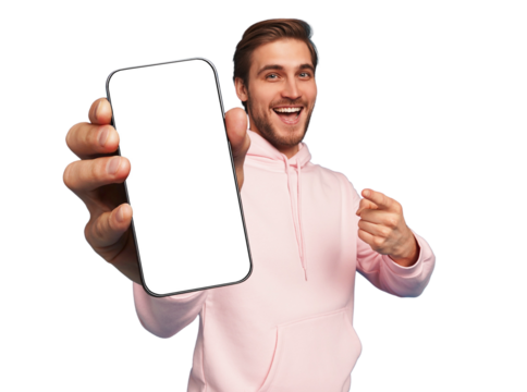 Mobile App Advertisement. Handsome Excited Man Showing Pointing At Empty Smartphone Screen Posing Over transparent background - Powered by Adobe
