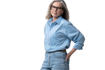 Elegant mid adult woman against transparent background. Stylish mature woman in blue casuals looking at camera and smiling