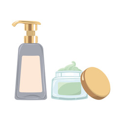 Cosmetic lotion with dispenser and Nourishing green face cream in transparent glass jar. Vector illustration