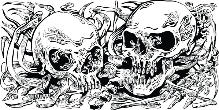 Human skeletons and skulls piled up art vectors