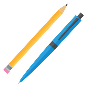 Vector cartoon image of a simple pencil and pen.  Bright educational elements for your design. The concept of study and work.