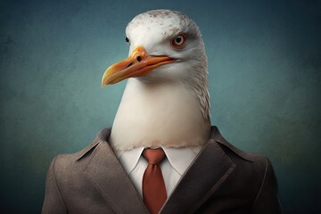 Portrait of a seagull dressed in a formal business suit, generative ai
