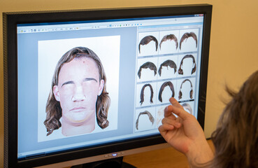 Gradual composition of the portrait for identification of people on the monitor of the police station