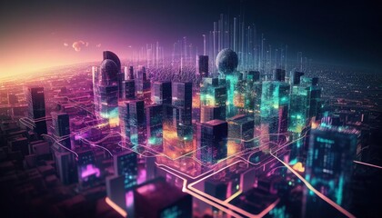 smart city at night, application development concept, smart city, Internet of things, smart life, information technology, metaverse connection technology. Generative AI	

