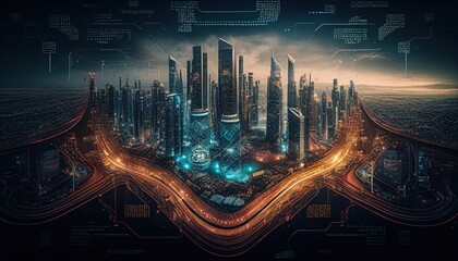 smart city at night, application development concept, smart city, Internet of things, smart life, information technology, metaverse connection technology. Generative AI	
