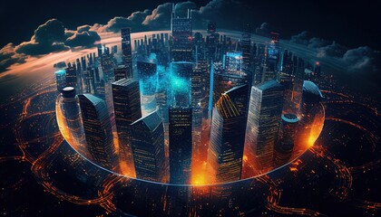 smart city at night, application development concept, smart city, Internet of things, smart life, information technology, metaverse connection technology. Generative AI	
