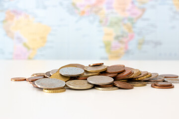 mapa, monedas, pais, planisferio