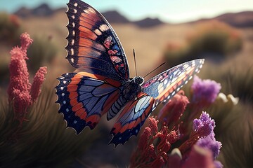 Fototapeta na wymiar Butterfly Unicorn Fusion gorgeous colors on butterfly wings running on the plains of beautiful wild flowers 