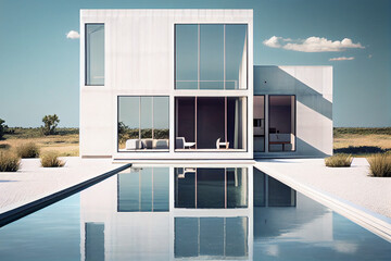 Fototapeta na wymiar Luxurious modern house or villa in a minimalist style with large panoramic windows and a swimming pool. AI generative.