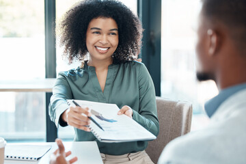 Client contract, partnership and deal agreement of a business woman with corporate data. Black...