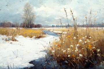A winter landscape with a meadow is a beautiful scenery that takes your breath away. Generative AI