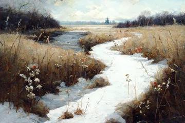 Photo sur Plexiglas Inspiration picturale A winter landscape with a meadow is a beautiful scenery that takes your breath away. Generative AI