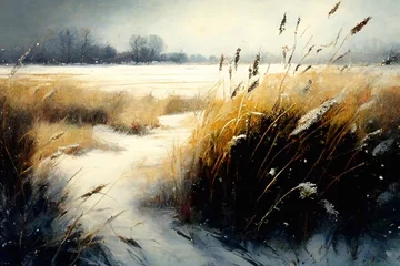 Keuken foto achterwand Schilderkunst A winter landscape with a meadow is a beautiful scenery. Generative AI