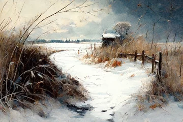 Foto op Plexiglas Schilderkunst A winter landscape with a meadow is a beautiful scenery . Generative AI