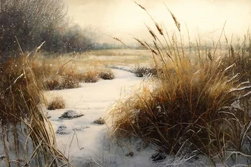 Foto op Plexiglas Schilderkunst A winter landscape with a meadow is a beautiful scenery. Generative AI