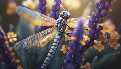 Fototapeta na wymiar The dragonfly sucks nectar from flowers, a cute little animal, a winged creature, an animal that lives in trees, flowers, and plants, Generative AI