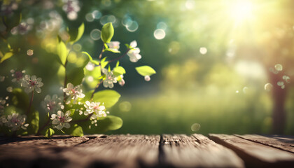 Obraz premium Wooden podium mockup, Green blooms Garden With Defocused Bokeh Lights And Flare Effect at Spring Time