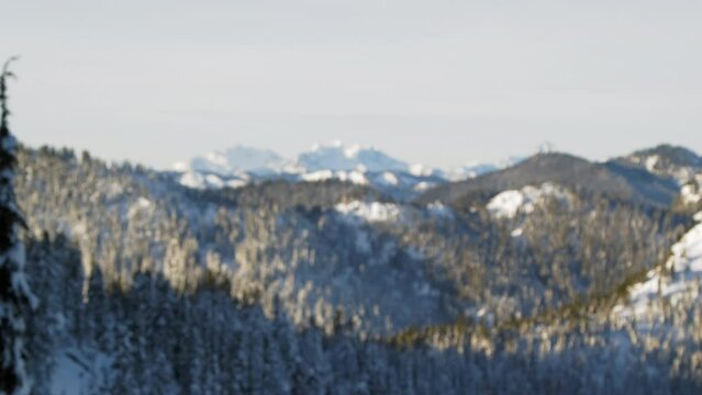 Slow Blur to Rack Focus on Snowy Mountain View