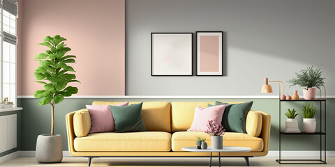 Pastel colored living room with warm sunlight shines into the room. Minimalism interior design 3D render. Generative AI.