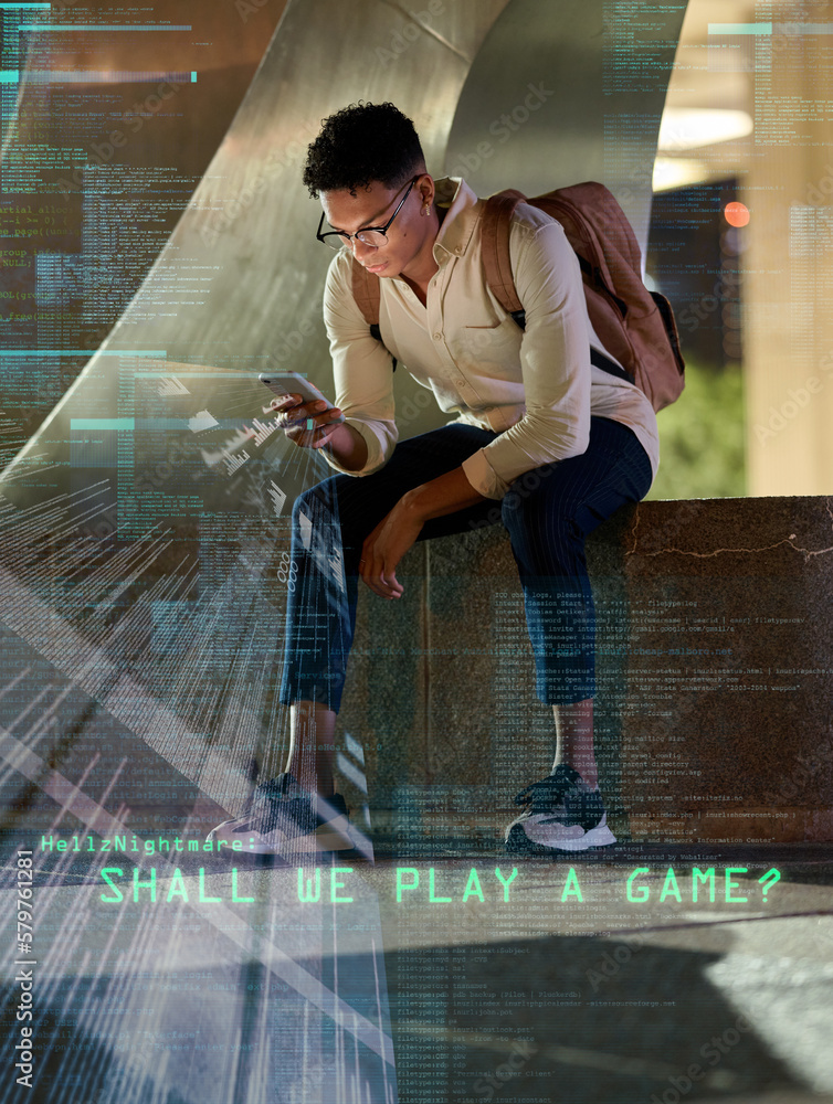 Poster overlay, phone and cybersecurity hacker in a city coding, networking or searching content on social 