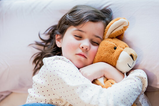 Adorable girl sleeping with plush toy