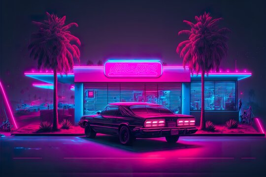 Synth wave car pink illustration Ai Generate