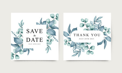 Wedding invitation card with watercolor leaves